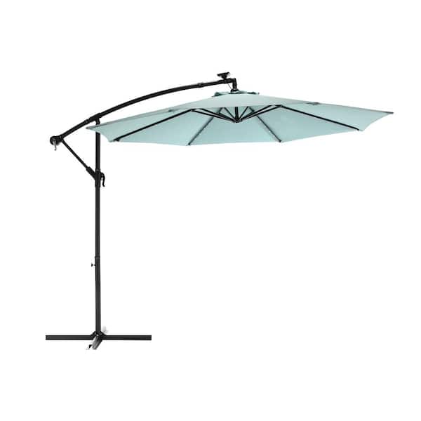 Tenleaf 10 ft. Solar LED Steel Offset Hanging Patio Cantilever Umbrella in Light Green
