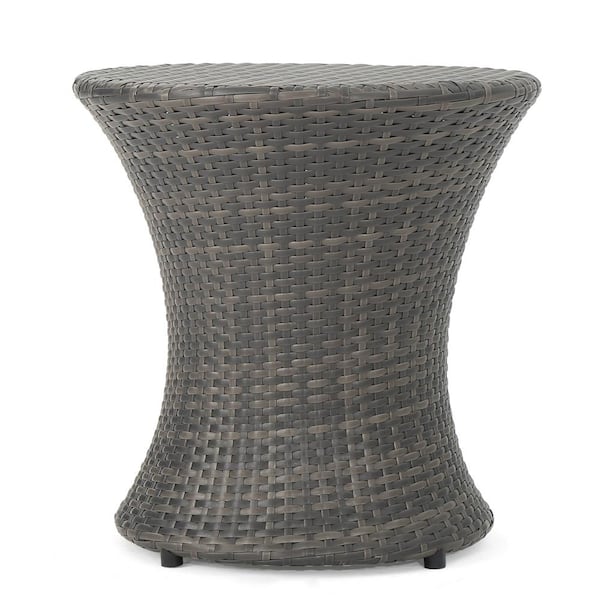 Noble House Phoebe Grey Round Faux Rattan Outdoor Accent Table