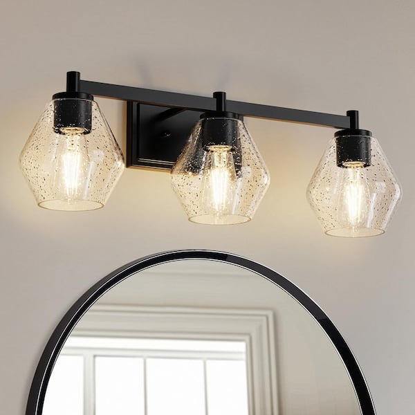 25 in. 3-Light Black Vanity Light with Cone Glass Shades for Bathroom, Vanity, Entryway