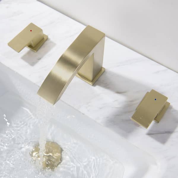 8 in. Widespread Double Handle Mid Arc Bathroom Faucet with Drain Kit Included in Brushed Gold