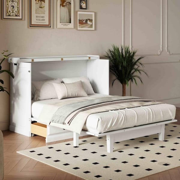 White Wood Frame Queen Murphy Bed with Charging Station and Large Storage Drawer, Queen