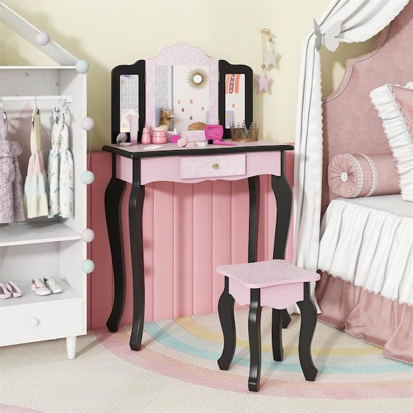 Costway 2-Piece MDF Top Pink and Black Kids Vanity Set with Tri-folding Mirror Drawer