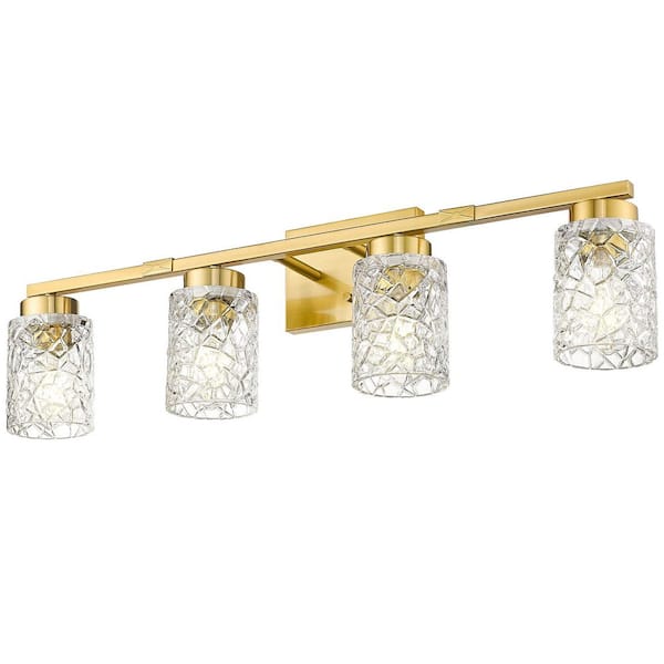 31 in. 4-Light Brushed Gold Vanity Light with Clear Glass Geometric Shade Light Fixture