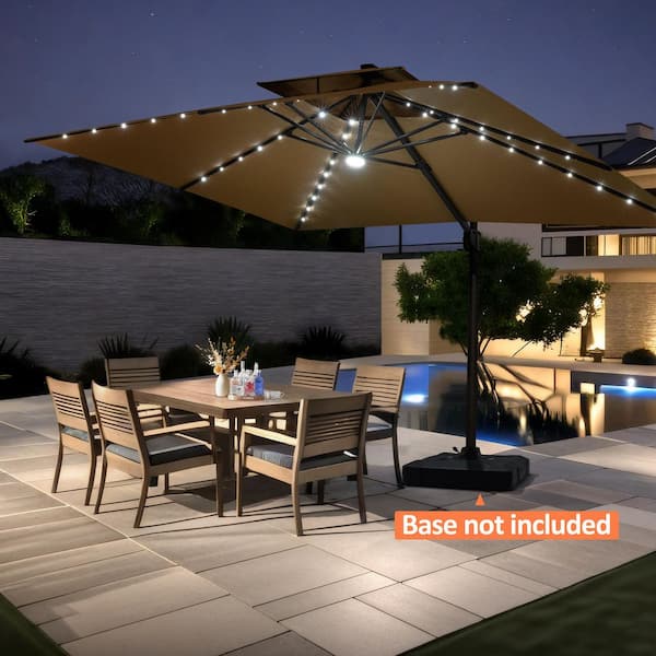 Double Top 13.5 ft. x 10 ft. Heavy-Duty 360°Rotation Solar LED Lighted Cantilever Patio Umbrella in Tan