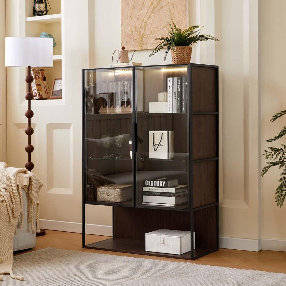 Dark Walnut 51.2 in. Tall MDF Lighted Display Cabinet 3-Tier Metal Frame LE