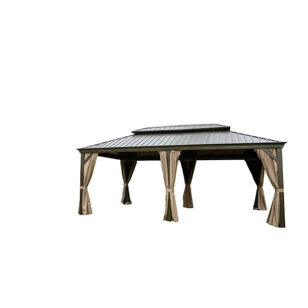 14 ft. x 20 ft. Gray Permanent Metal Hardtop Gazebo with Galvanized Steel Double Roof and Aluminum Frame and Netting