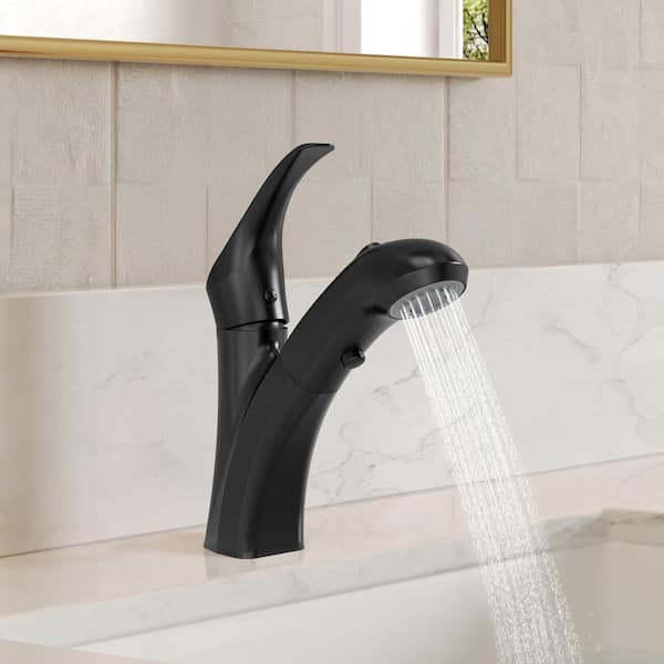 2-Spray Single-Handle Single-Hole Pull Out Sprayer Bathroom Sink Faucet with Drain Included in Matte Black