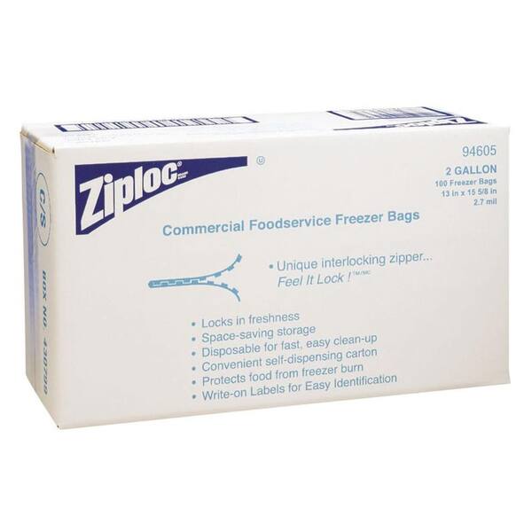 Ziploc Commercial Foodservice Freezer Bags, 2 gal., 2.7 Mil, 13 in. x 15-5/8 in., Write-On Panel, 100 Per Case