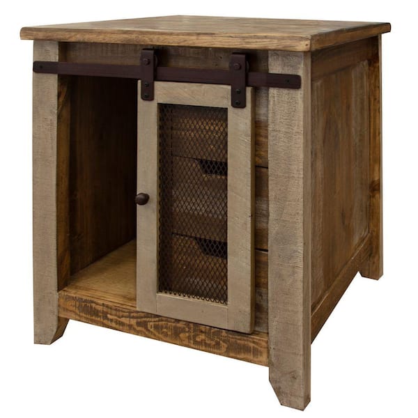 Benjara 22.75 in. Brown and Multicolor Square Wood End Table with 1 Mesh Barn Door and 3 Drawer