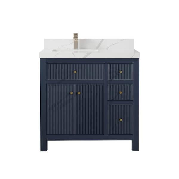 Willow Collections Sonoma 36 in. W x 22 in. D x 36 in. H Left Offset Sink Bath Vanity in Navy Blue with 2 In Calacatta Quartz Vanity Top