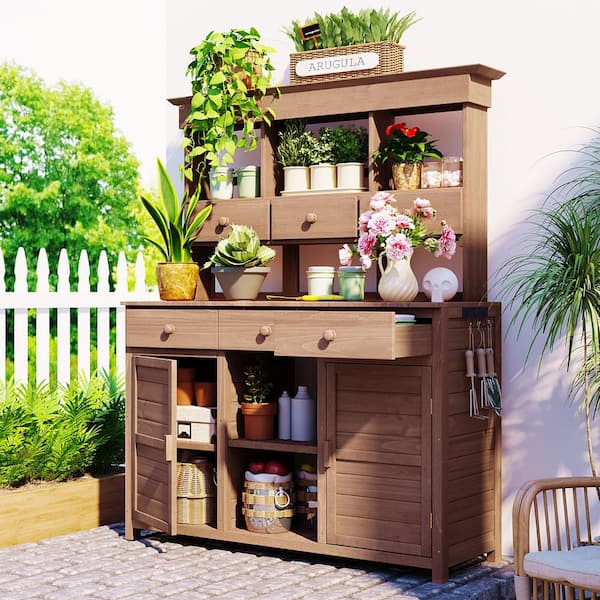 Unbranded 50 in. W x 20 in. D x 65 in. H Brown Wooden Garden Potting Bench Table with 3 Shelves, 6 Drawers, 2 Bottom Cabinets