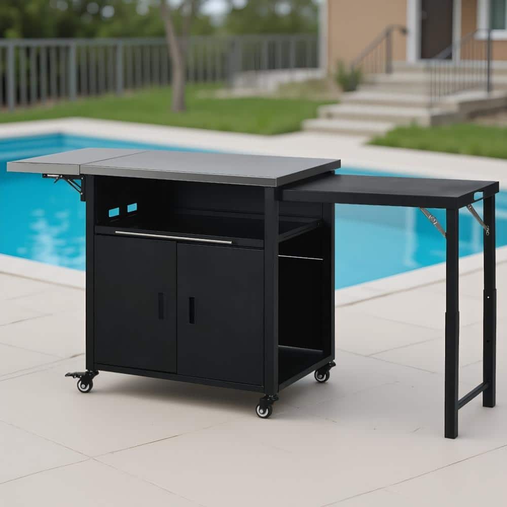 Black Metal Outdoor Grill Cart with Trash Rack, Foldable Top and Storage Space for Patio, Garden, Backyard price history on PriceWatchPro