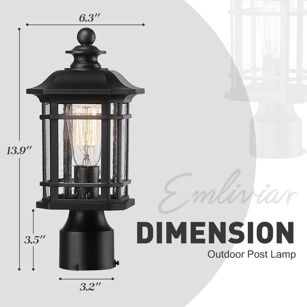 Black Aluminum Outdoor Post Light with Seeded Glass Shade