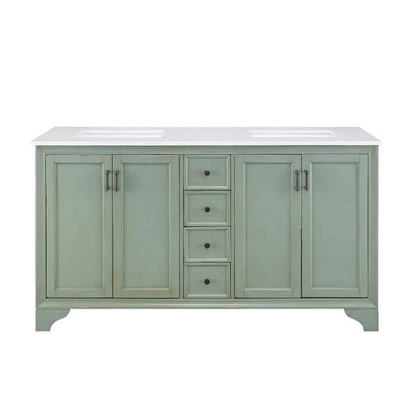 Home Decorators Collection Hazelton 61 in. W Double Bath Vanity in Antique Green w/Engineered Stone Vanity Top in Crystal White with White Sinks