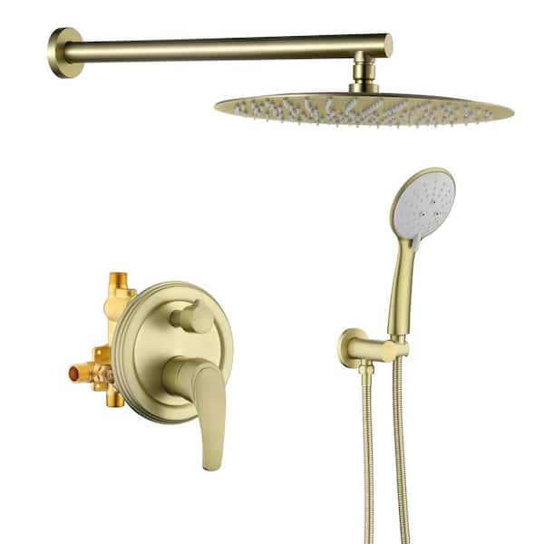 PERLIRIA INC 1-Handle 2-Spray 12 in. Rain Shower Head and 5 Mode Handheld Shower Head Shower System Faucet Combo Kit in Brushed Gold