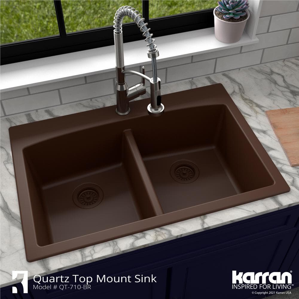 Brown Quartz Double Bowl Kitchen Sink with Curved Rear Walls