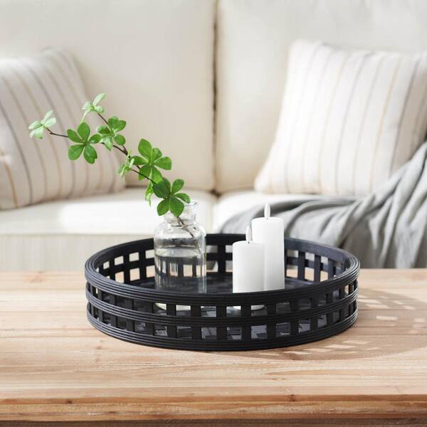 Black Basket Weave Round Bamboo Decorative Tray