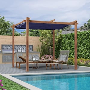 10 ft. x 10 ft. Natural Wood Grain Aluminum Pergola with Navy Blue Retractable Sun Shade Canopy and Extra Top Roof