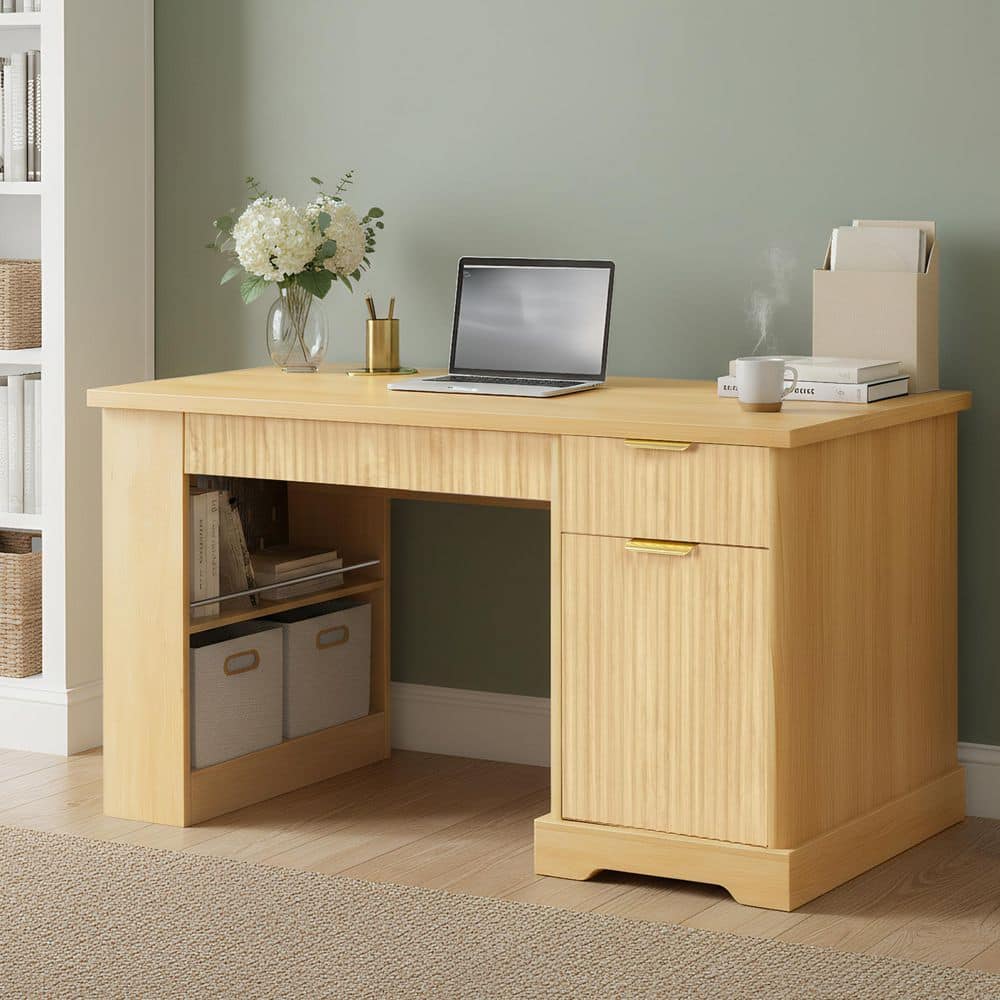 55.1 in. Modern Rectangular Light Oak Wood 2-Drawer Writing Desk with Shelves, Pegboard and Power Outlet