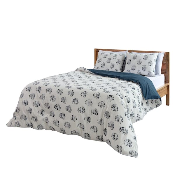 MH LONDON Logan 3-Piece White and Navy Cotton King Duvet Cover Set