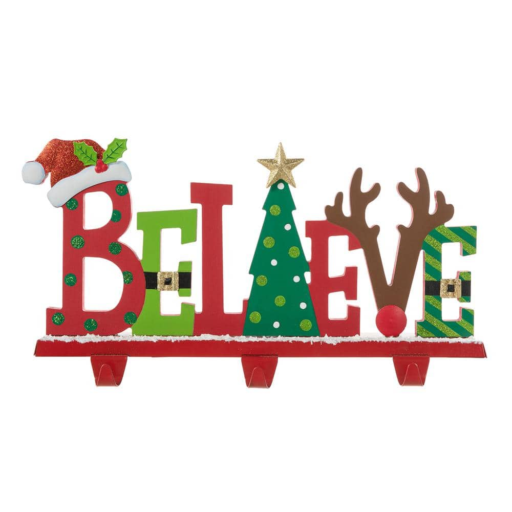 Glitzhome 7.75 in. H Wooden/Metal "Belive" Christmas Stocking Holder