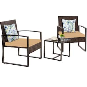 3-Piece Wicker Outdoor Bistro Set with Brown Cushions