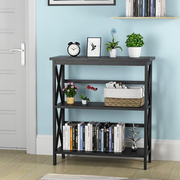34 in. H Black 3-Tier Bookshelf Wooden Open Storage Bookcase for Home Office