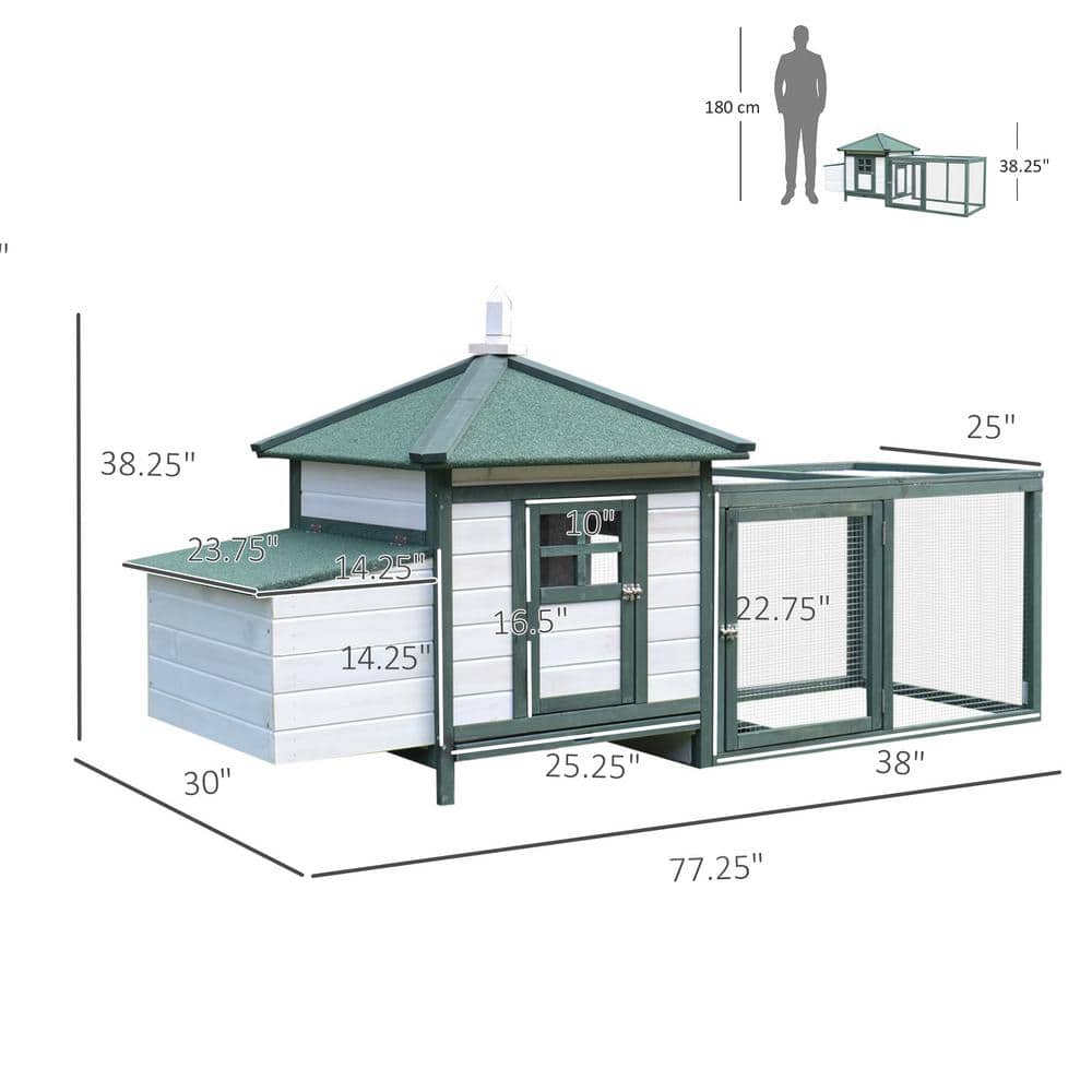Green and White Wooden Chicken Coop with Nesting Box and Run