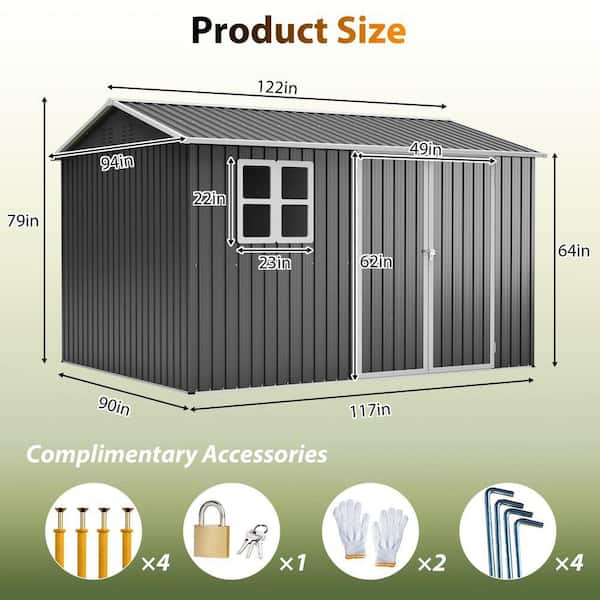 Gray 10 ft. W x 8 ft. D Metal Storage Shed with Window, Lockable
