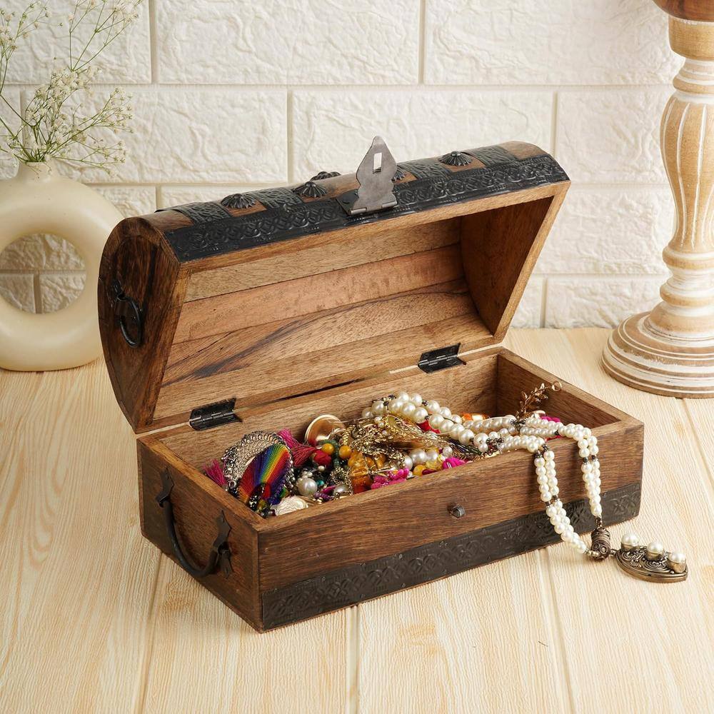 Handcrafted Medium Brown Mango Wood Pirate Treasure Chest Jewelry Box