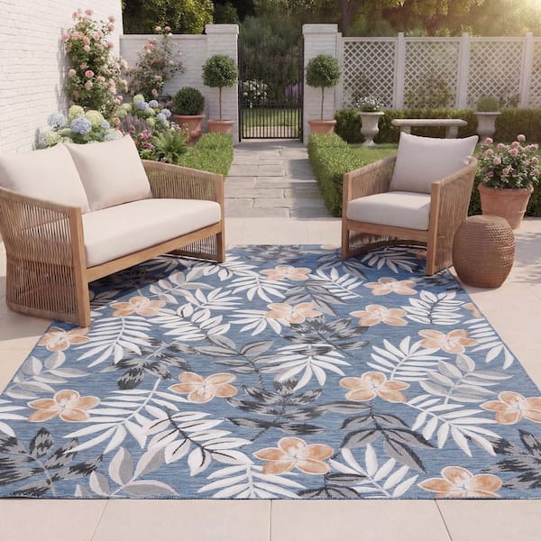 Cabana Blue/Gray 8 ft. x 10 ft. Botanical Floral Indoor/Outdoor Area Rug