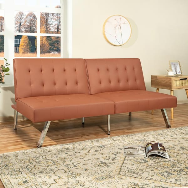 HOMESTOCK 68.5 in W Caramel Tufted Split Back Futon Sofa Bed, Faux Leather Couch Bed, 3-Seat Futon Convertible Sofa Bed