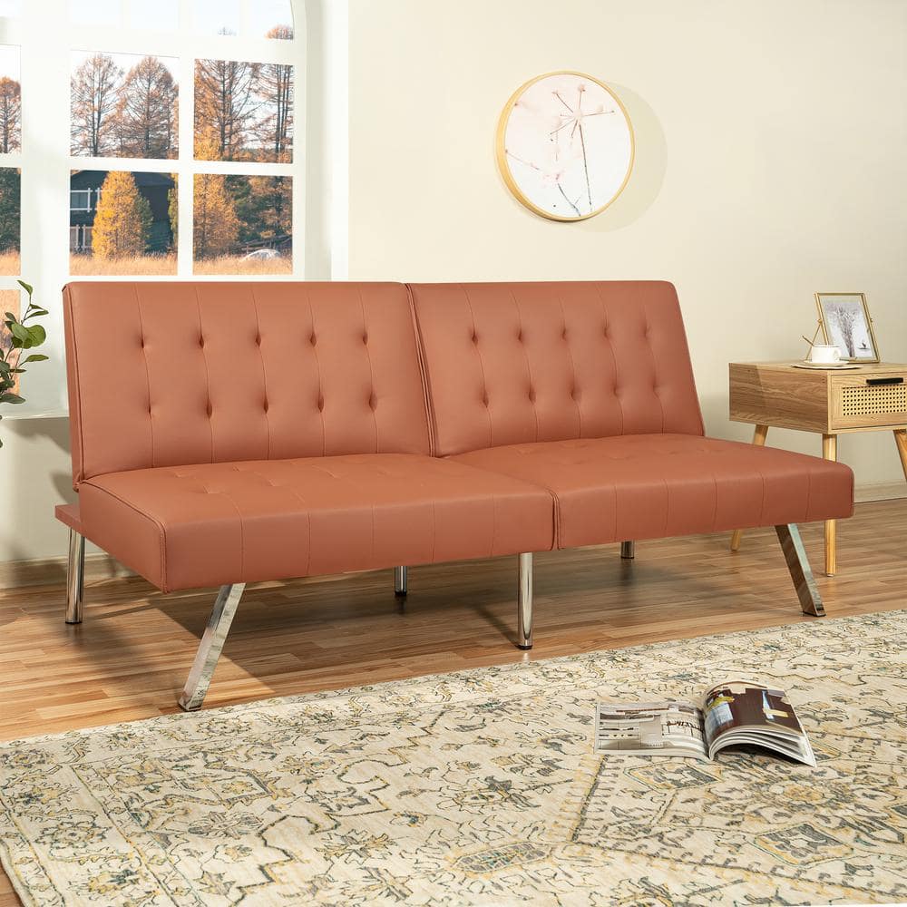 HOMESTOCK 68.5 In W Caramel Tufted Split Back Futon Sofa Bed, Faux ...