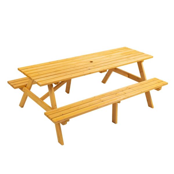 Unbranded 75 in. Brown Rectangle Wood Picnic Table Seats 8-People with Umbrella Hole, Outdoor Camping Table w/ 2 Built-in Benches
