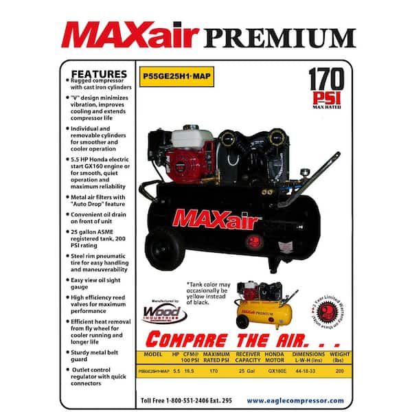 Maxair Premium Industrial 25 Gal. 5.5 HP Honda Engine Portable