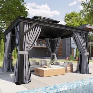 10 ft. x 12 ft. Wider Beams Aluminum Double Galvanized Steel Roof Gazebo with Hook, Mosquito Netting and Curtains