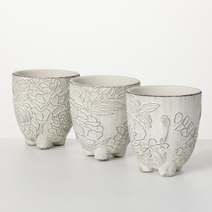 5.5 in. Gray Medium Floral Line Art Concrete Pots (Set of 3)