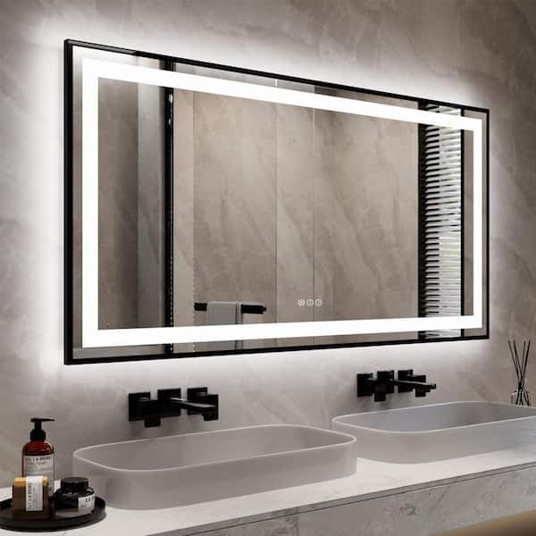 KIOTEE 60 in. W x 30 in. H Rectangular Framed Front and Back LED Lighted Anti-Fog Wall Bathroom Vanity Mirror in Tempered Glass