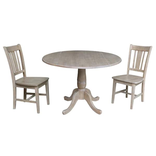 International Concepts Laurel 3-Piece 42 in. Gray Taupe Round Drop-Leaf Wood Dining Set with San Remo Chairs