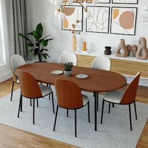 Tule 7 Piece Dining Set in Steel with 6 Leather Seat Dining Chairs and 71 in. Oval Dining Table, Walnut/White