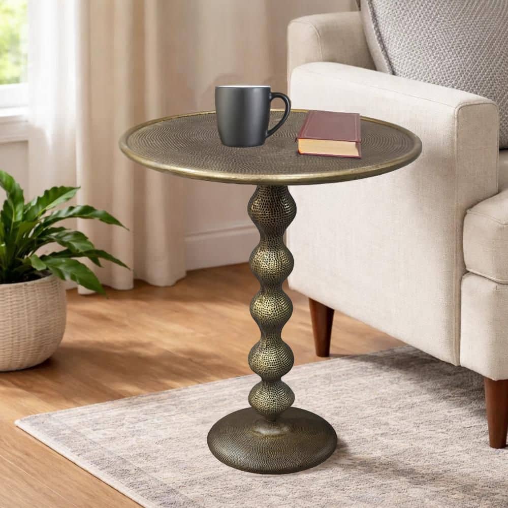 15 in. Brass Round Metal End/Side Table with Hammered Texture - thumbnail 9