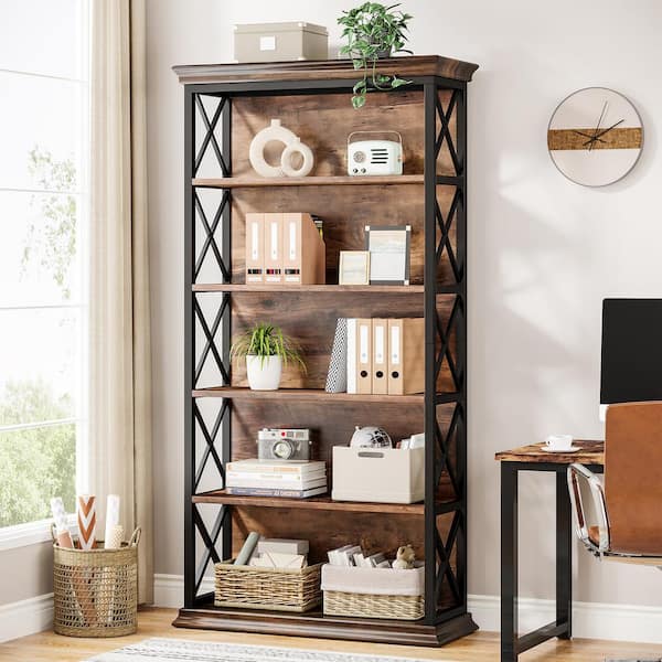 Kaduna 70.9 in. Tall Brown Wooden 5-Shelf Etagere Bookcase with Metal Frame, 5-Tier Indsutrial Bookshelf for Home Office