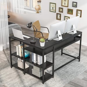 Halseey 55 in. W L-Shaped Black Corner Computer Desk Writing Studying Reading Desk 2-Tier Storage Shelves Monitor Stand