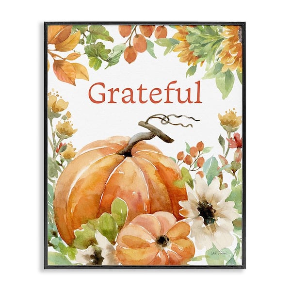 Stupell Industries Grateful Pumpkins and Flowers Leslie Trimbach 1 Piece Framed Graphic Print Typography Poster Art Print 30 in. x 24 in.