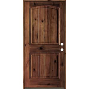 30 in. x 80 in. Rustic Knotty Alder Arch Top V-Grooved Red Mahogony Stain Left-Hand Wood Single Prehung Front Door