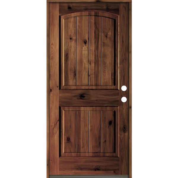 Krosswood Doors 30 in. x 80 in. Rustic Knotty Alder Arch Top V-Grooved Red Mahogony Stain Left-Hand Wood Single Prehung Front Door