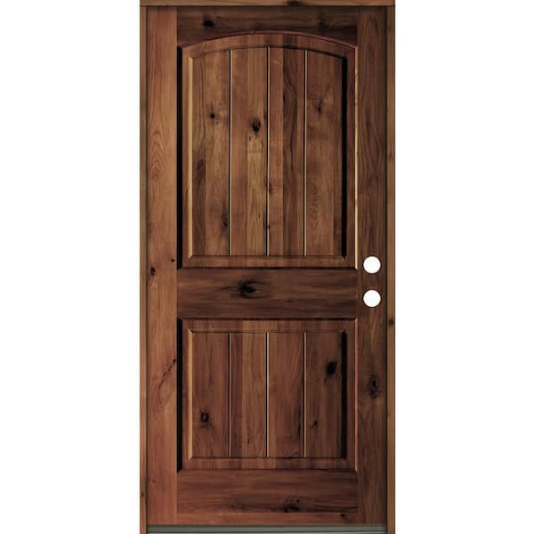 Krosswood Doors 32 in. x 80 in. Rustic Knotty Alder Arch Top V-Groove Left-Hand/Inswing Red Mahogany Stain Wood Prehung Front Door