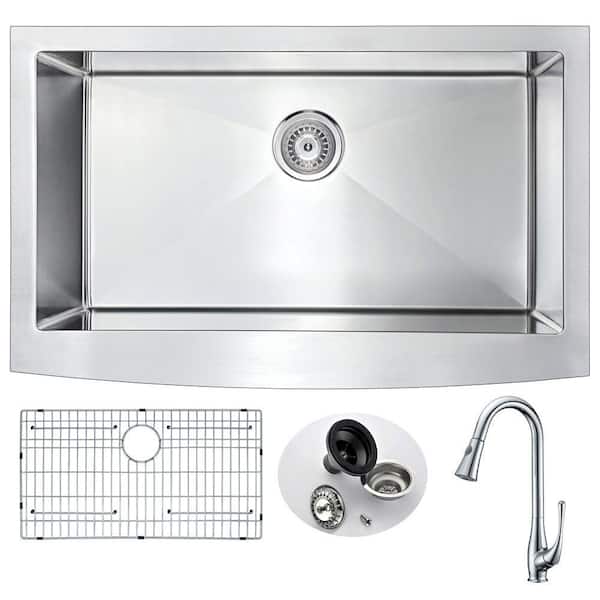 ANZZI ELYSIAN Farmhouse Stainless Steel 36 in. 0-Hole Kitchen Sink and Faucet Set with Singer Faucet in Brushed Satin