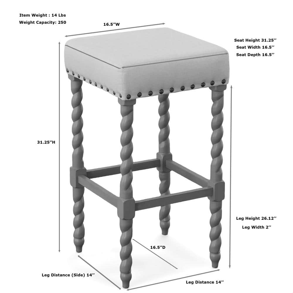 Remick Natural Oak & Linen 30" Rustic Bar Stool with Brass Nailhead Trim