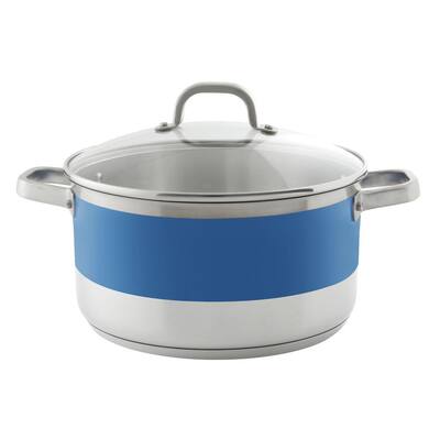 Stripes 6 qt. Stainless Steel Stock Pot in Brushed Stainless Steel with Glass Lid and Blue Cove Band